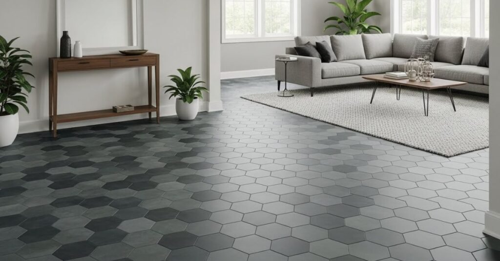 Hexagon Floor Tiles In the Living Room and Entryway